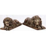 BRONZE TERRACE SCULPTURES, PAIR, H 2', L 5' 5", D 1' 7", RECUMBENT LIONSA pair bronze recumbent male