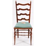 LADDER-BACK AND NEEDLEPOINT CHAIR, H 40", W 17"A ladder-back style chair with turned legs and a