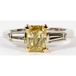 1.37CT FANCY YELLOW DIAMOND AND 14KT WHITE GOLD ENGAGEMENT RING, GIA, SIZE 6.25Having a center 1.