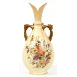 RUDOLSTADT, GERMAN PORCELAIN VASE, C. 1900, H 10 3/4"Ovoid shape flanked by handles, decorated