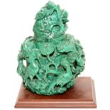 TURQUOISE COVERED URN, H 9", L 7", D 5", BIRD & FLORAL MOTIF