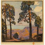 GUSTAVE BAUMANN (AMERICAN, 1881-1971) COLOR WOODCUT, "PINES GRAND CANYON"Pencil signed and title