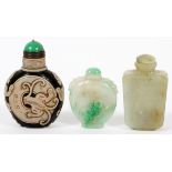 CHINESE JADE AND GLASS SNUFF BOTTLES, THREEThe glass snuff bottle features salamanders with the jade