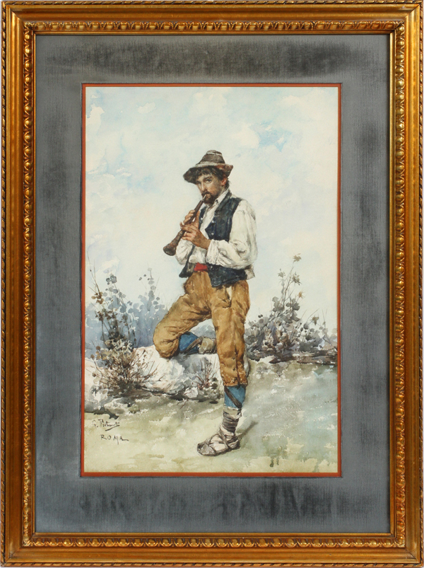 G. FARHUNT WATERCOLOR, H 21", L 14", ITALIAN MAN PLAYING FLUTEDepicting an Italian man playing a