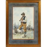 G. FARHUNT WATERCOLOR, H 21", L 14", ITALIAN MAN PLAYING FLUTEDepicting an Italian man playing a