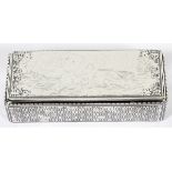 CONTINENTAL SILVER PLATE & NIELLO PATCH BOX, 19TH C., L 3 1/4", MOTIF OF RACING JOCKEYSA rectangular