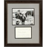 DOUGLAS (WRONG WAY) CORRIGAN, SIGNED 4 X 6 CARD AND PRESS RELEASE PHOTO, 1989, H 11", W 8"Includes a