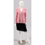 CAROLINA HERRERA WOOL AND SILK SKIRT SUIT, SIZE 8Pink and navy corded wool jacket with a navy skirt.