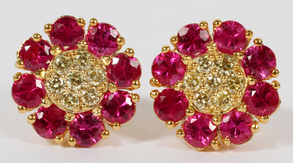 2.4CT RUBY AND DIAMOND STUD EARRINGS, PAIR, DIA 3/8"Studded with a total of 2.4cts of round cut