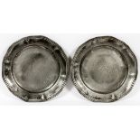 PEWTER CHARGERS, PAIR, DATED 1729, DIA 14"Touch marks on bottom.Show expected age signs for