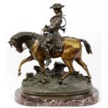 PIERRE JULES MENE FRENCH BRONZE HUNTER ON HORSE BACK H 23"mounted on pink marble base- For High