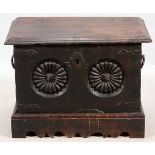 CONTINENTAL HAND CARVED OAK CHEST, 18TH C., H 21", W 28"A hand-carved oak chest or box. Possibly