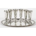 STERLING CORDIALS & TRAY, 7Cordials, H 3". Tray L 8 1/2".- For High Resolution Photos visit