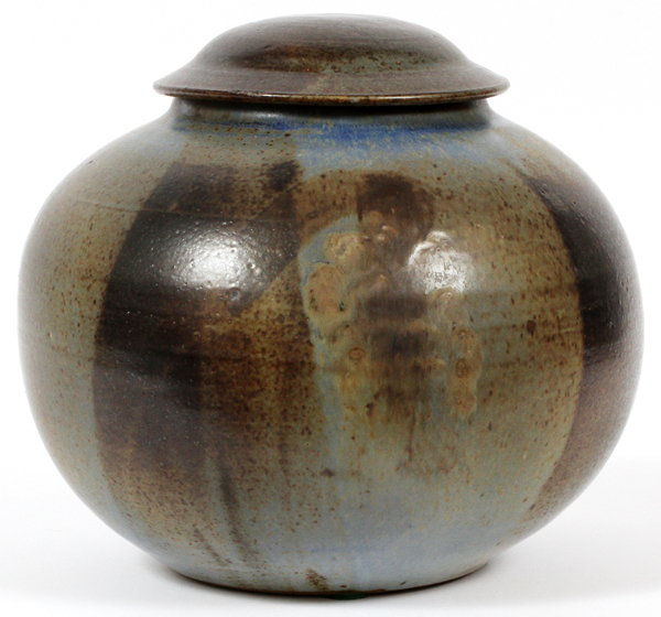 ART POTTERY COVERED JAR, H 10", DIA 10"Appears to be signed by Nesting on the underside.appears in