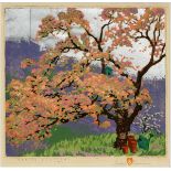 GUSTAVE BAUMANN, (AMERICAN, 1881-71) COLOR WOODCUT, H 13 1/4", W 13" SPRING BLOSSOMSColor