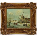 K. DE JONG, OIL ON PANEL, DUTCH WINTER SCENE, H 9 1/2", W 12"Dutch winter scene with a frozen