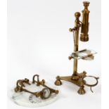 BRASS MICROSCOPE AND SUNDIAL, 2 PCS. H 6" & 11"Includes a brass microscope with adjustable table and