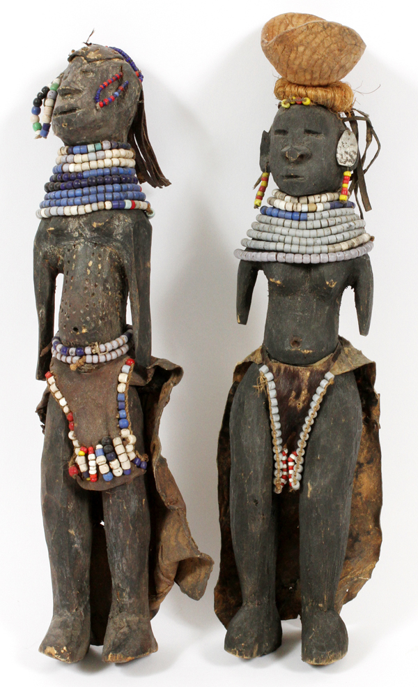 AFRICAN CARVED WOOD FIGURES, 2 PIECES, H 15"Including two carved wood figures, each is decorated