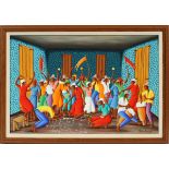 MICHEL ROUANEZ (HAITIAN, B. 1956), OIL ON CANVAS, H 15 1/2", W 23 1/2", FIGURES DANCINGFramed.