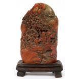 CHINESE CARVED HARD STONE SCENE, H 8"The Chinese carved hard stone depicts a couple and a child in a