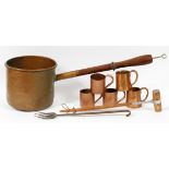 COPPER KETTLE, MUGS, SHAKERS, & FORKSCopper kettle, copper mugs, salt and pepper shakers and iron