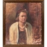 OIL ON CANVAS WOMAN WEARING BROWN HAT H 32" W 28"framed- For High Resolution Photos visit
