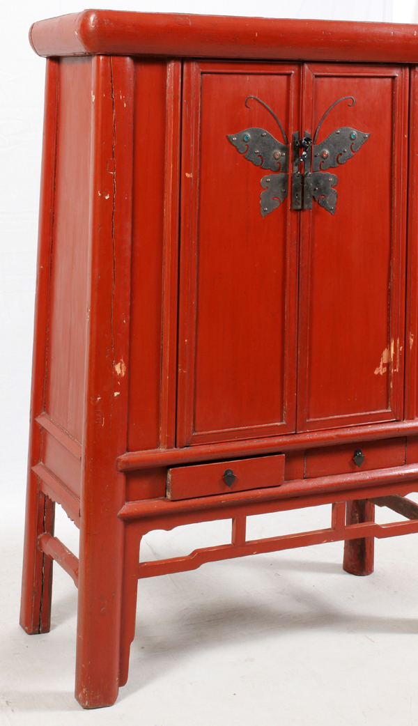 CHINESE CARVED WOOD CABINET, H 71", L 47", D 21"Chinese carved wood cabinet painted red and having a - Image 2 of 3