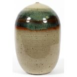 ART POTTERY BUD VASE, H 13", DIA 8"Having a small opening at the top with bulbous body, multi-