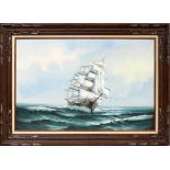 JACKSON, OIL ON CANVAS, H 24", W 36", THREE-MASTED SAILING SHIPSigned in the lower left corner;