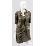 FENDI BOUCLE JACKET AND DRESS, SIZE 42Green and black boucle dress and a matching peplum style