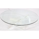 MID-CENTURY MODERN LUCITE AND GLASS COFFEE TABLE, H 15", DIA 45"Having a lucite base and a glass top