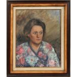 ALEXANDRE DENONNE OIL ON CANVAS, CIRCA 1950, H 25", W 20" PORTRAIT OF WOMAN IN FLOWERED