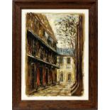 ROGERE, OIL ON MASONITE, H 24", W 18", FRENCH COURTYARD.Signed Rogere. Circa 1960. Size is painted