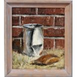 DOWDELL OIL ON BURLAP, 11-56 H 13 1/2", W 11 1/2", STILL LIFEA still life depicting a paint can in