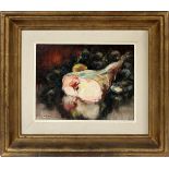 F. JORWITZ, OIL ON PANEL STILL LIFE OF FISH AND OYSTERS H 8" W 13"Signed. Framed.Art work in nice