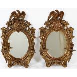 GILT METAL AND MIRROR WALL SCONCES, PAIR H 18 1/2", W 12"Two candle arms, with mirrors, eagle