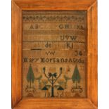 AMERICAN SAMPLER, 1836, H 12", L 9.25"Embroidery on linen, dated 1836, signed Mary Morgans Age 12.