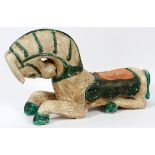 CARVED WOOD SEAT IN HORSE FORM, H 17", L 27"Gesso over wood. Green highlights including tail mane