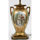 HAND PAINTED PORCELAIN TABLE LAMP, H 28"Signed 'Rochet'. Having gold overlay. Courting scene.