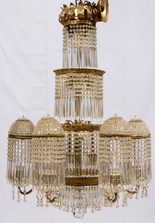 CRYSTAL AND D'ORE BRONZE CHANDELIER, H 40", DIA 26"Having four tiers d'ore bronze rims, six - Image 2 of 2