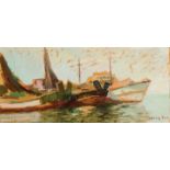 COSTA TUR, JAIME (1926). "Puerto". Óleo sobre lienzo pegado a tabla. 19 x 40 cm. Firmado en el