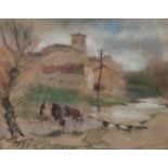 ESCUELA ESPAÑOLA S. XX. "Vista de pueblo". Pastel. 29 x 36,5 cm. Firmado en el ángulo inferior