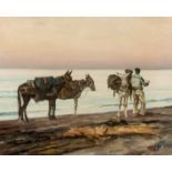 ESCUELA ESPAÑOLA S. XX. "Campesino con burros junto al mar". Óleo sobre lienzo. 39 x 50 cm. Firma