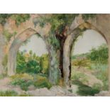 ESCUELA ESPAÑOLA PRIMER 1/3 S. XX. "El jardín a través de los arcos". Acuarela. 34 x 45 cm.