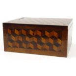 Victorian wooden Tunbridge ware box with cube inlay, 30cm diameter : For Condition Reports please