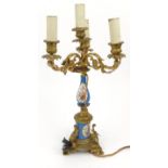 Continental brass and porcelain table lamp with Sevres style panels, 46cm high : For Condition