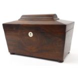 Victorian mahogany twin divisional tea caddy with glass mixing bowl, 30cm wide : For Condition