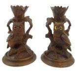 Pair of Black Forest carved wooden owl vases with beaded glass eyes, 15cm high : For Condition