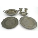 Selection of antique pewter including goblets and trays, the largest 32cm long : For Condition