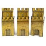 Three Peek Freans tinplate Castle biscuit tins with fold out walls, each 17cm high : For Condition